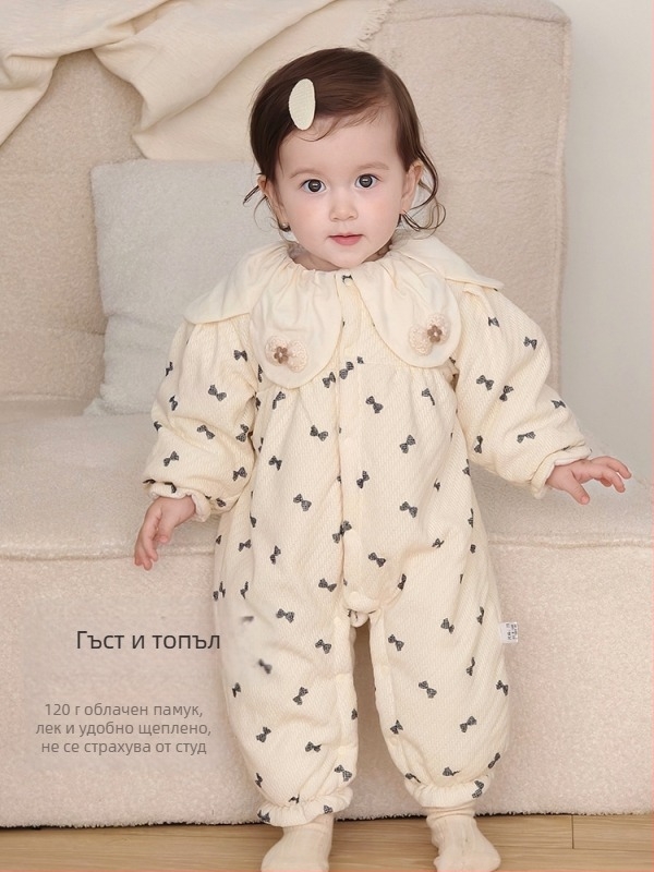 Бебешки зимен бодик за момичета, плътен памук, дълги ръкави, без качулка; подплата 100% памук; външен слой 97% полиестер 3% еластан; закопчаване отпред с ред копчета