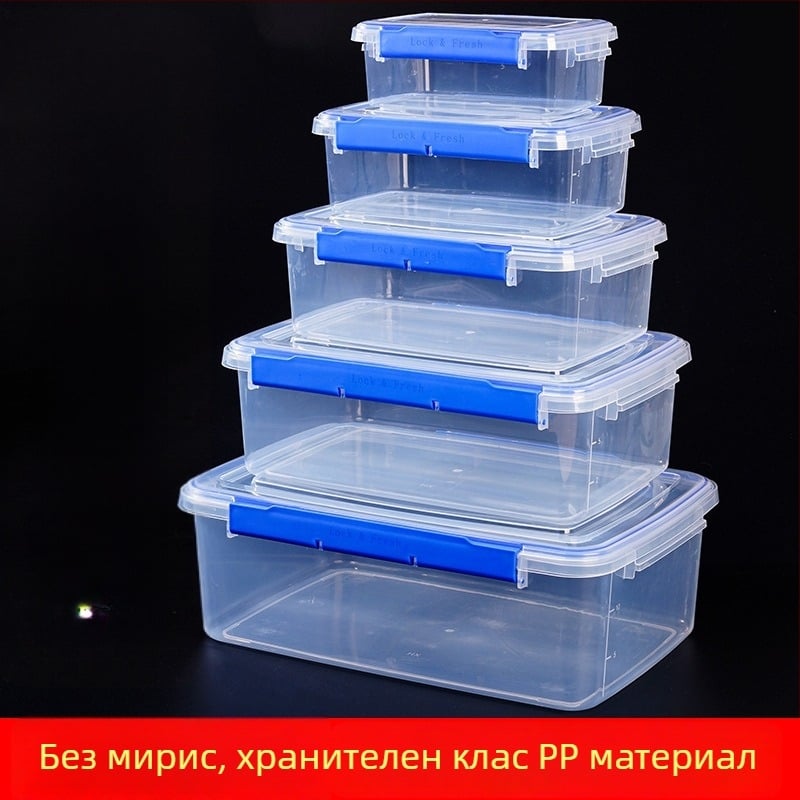 Прозрачен правоъгълен съд за съхранение от PP пластмаса, с капак с уплътнение, за хладилник/фризер