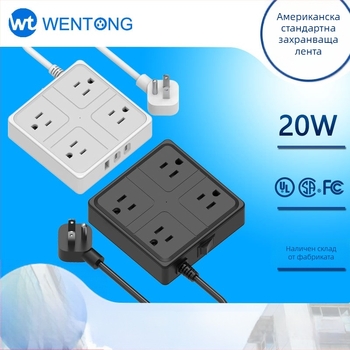 US стандартна интелигентна захранваща лента с USB-C порт, 10A, 100-250VAC, огнеупорен PC корпус, медни контакти