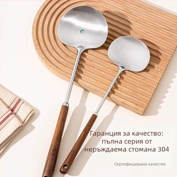 Кухненска лопатка за готвене, 304 нержавееща стомана, дървена дръжка, незалепваща повърхност, термоустойчива, дълга дръжка