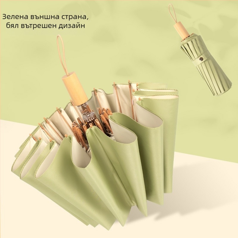 Сгъваем чадър с 16 ребра, UPF над 50, полиестерна тъкан 190T, дървена дръжка, ръчно отваряне и затваряне