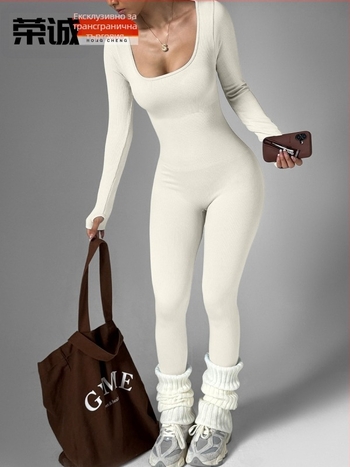 Дамски дълъг ръкав йога боди, бързосъхнещ, влагоотводящ, 90% нейлон + 10% спандекс, без подплънки за бюста, есен 2025