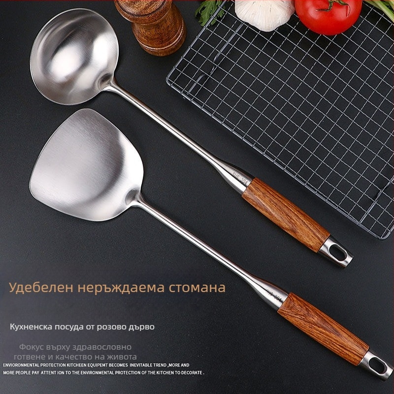 Комплект лъжици и шпатула от неръждаема стомана с дръжки от твърдо дърво – антихлъзгащ, термоустойчив и термоизолация – модерен минималистичен кухненски комплект, модел GC4650121