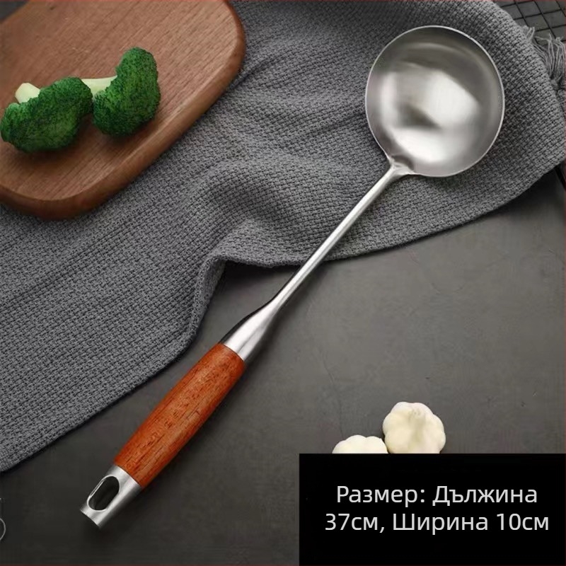 Комплект лъжици и шпатула от неръждаема стомана с дръжки от твърдо дърво – антихлъзгащ, термоустойчив и термоизолация – модерен минималистичен кухненски комплект, модел GC4650121