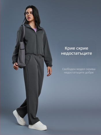 Дамски суитшърт с качулка и цип, свободен силует за бягане и фитнес през есенно-зимния сезон; памучно-полиестърова смес (52% полиестер); подплата от памук.