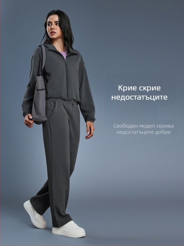 Дамски суитшърт с качулка и цип, свободен силует за бягане и фитнес през есенно-зимния сезон; памучно-полиестърова смес (52% полиестер); подплата от памук.