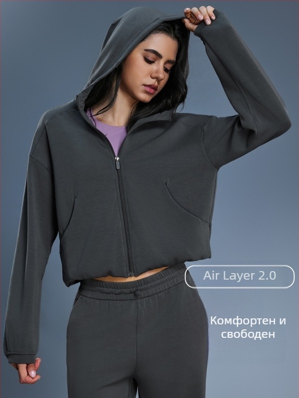 Дамски суитшърт с качулка и цип, свободен силует за бягане и фитнес през есенно-зимния сезон; памучно-полиестърова смес (52% полиестер); подплата от памук.