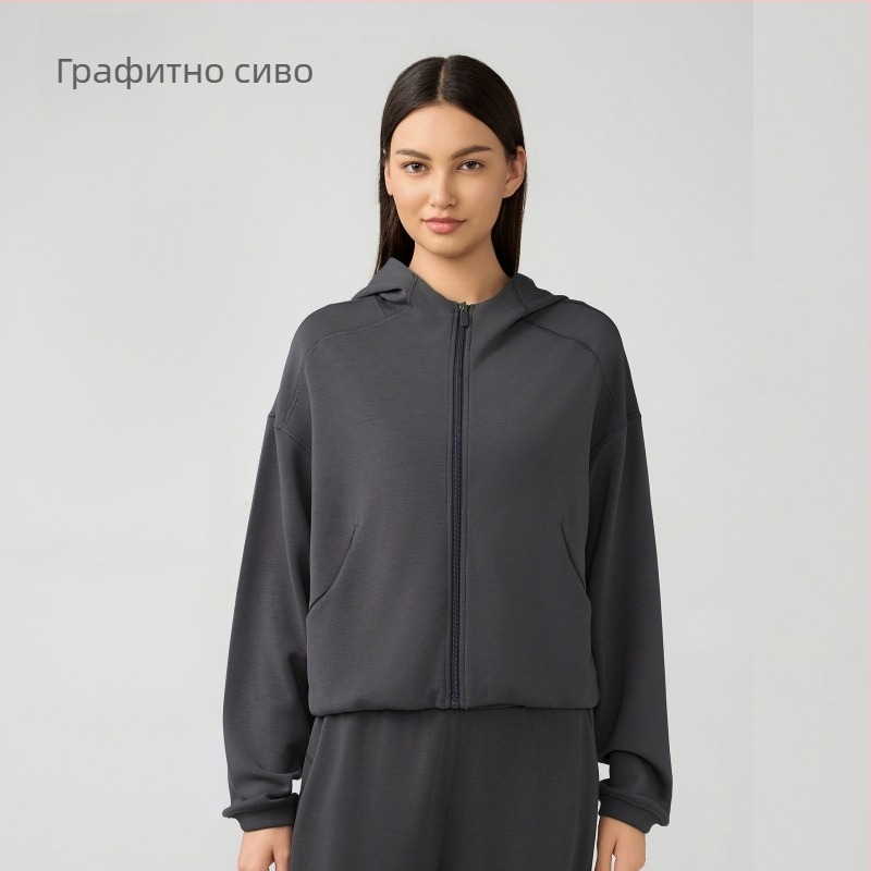 Дамски суитшърт с качулка и цип, свободен силует за бягане и фитнес през есенно-зимния сезон; памучно-полиестърова смес (52% полиестер); подплата от памук.