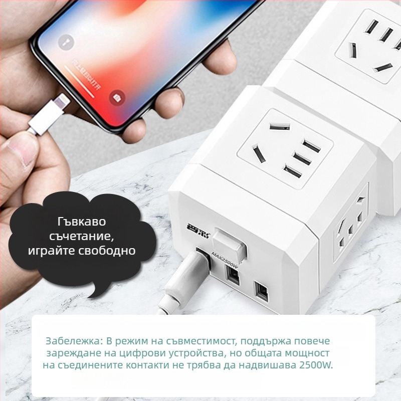 USB зареждащ разклонител в кубична форма с множество изходи, 220V, 2500W, CCC сертифициран