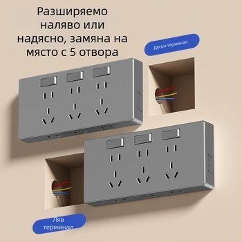 Повърхностно монтирана панелна удължителна розетка с 21 отвора, 10 A при 250 V AC, фосфор бронзено тяло, едноканална многоотворна конструкция