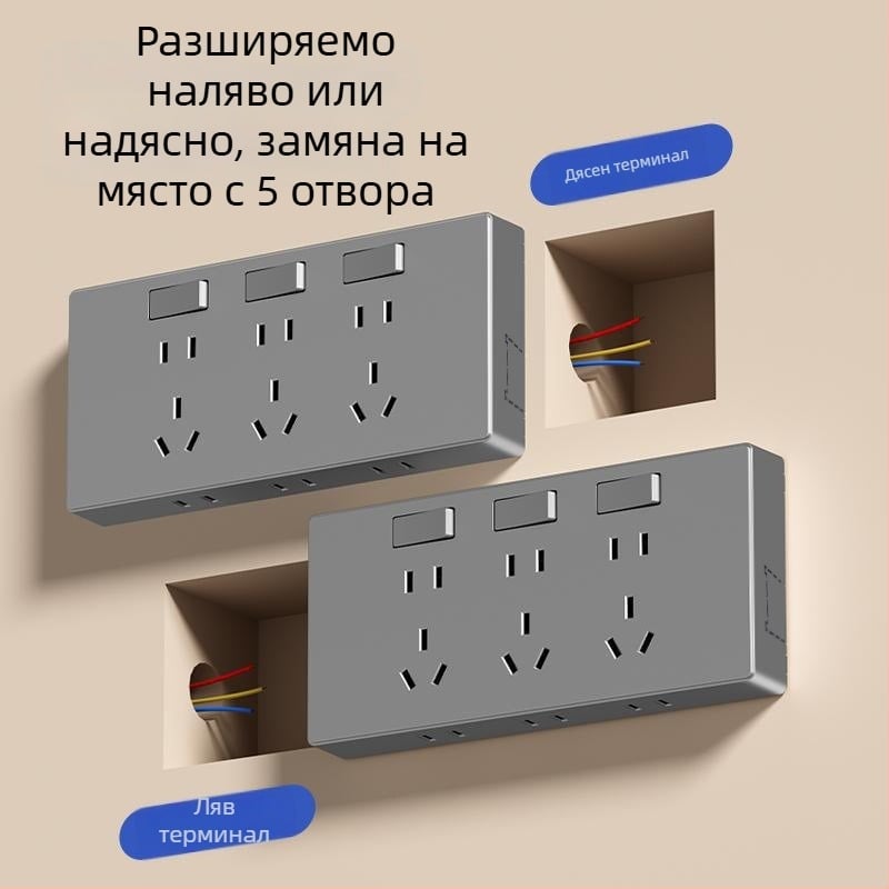 Повърхностно монтирана панелна удължителна розетка с 21 отвора, 10 A при 250 V AC, фосфор бронзено тяло, едноканална многоотворна конструкция
