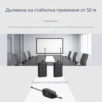 Лапел микрофон, кардиоиден тип, UHF 600-950MHz, сменяема батерия 300-500mAh, живот на батерията 1-3 ч