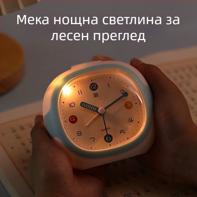 Учебен будилник за ученици с LCD дисплей и аналогово-цифрова индикация, пластмасов корпус, захранване от суха батерия, плавно движение на секундната стрелка