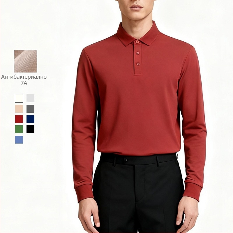 Поло риза с дълги ръкави, тясна кройка, антибактериална памучно-смесена материя, без бръчки