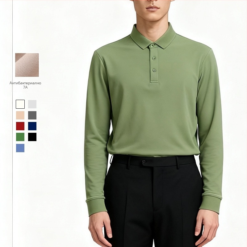 Поло риза с дълги ръкави, тясна кройка, антибактериална памучно-смесена материя, без бръчки
