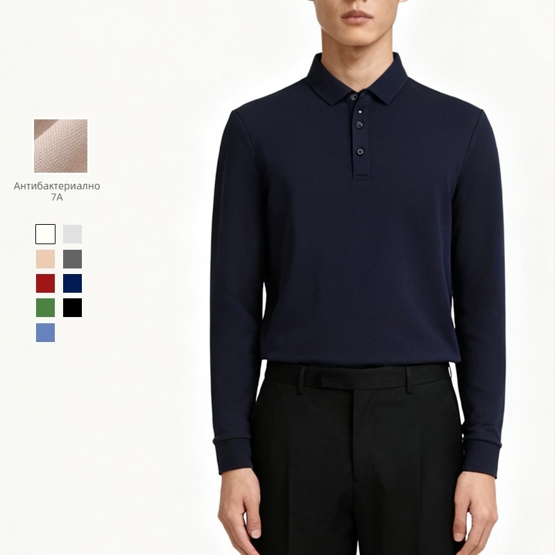 Поло риза с дълги ръкави, тясна кройка, антибактериална памучно-смесена материя, без бръчки