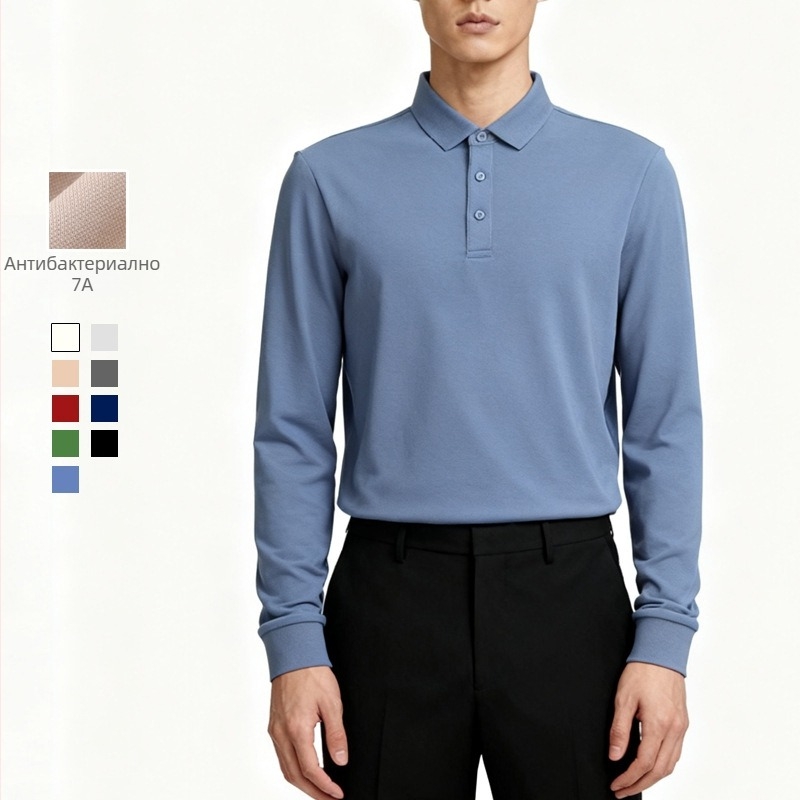 Поло риза с дълги ръкави, тясна кройка, антибактериална памучно-смесена материя, без бръчки