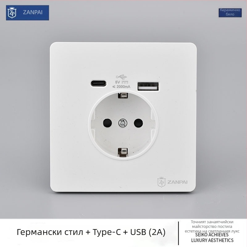 Електрическа стенна розетка Zan Brand, европейски стандарт, USB Type-C 2A, 16A, монтирана на стената, CE сертифицирана
