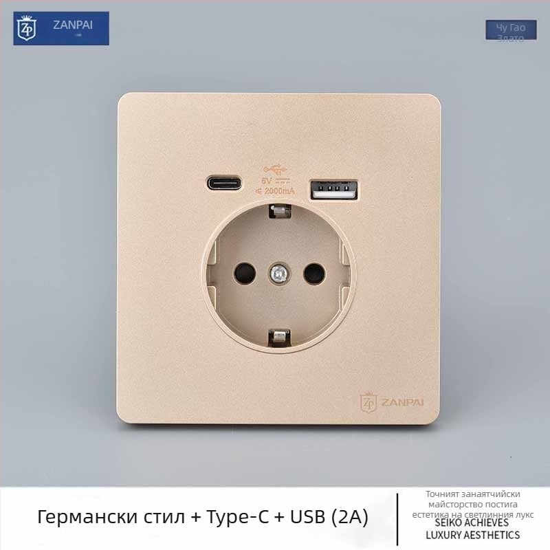Електрическа стенна розетка Zan Brand, европейски стандарт, USB Type-C 2A, 16A, монтирана на стената, CE сертифицирана