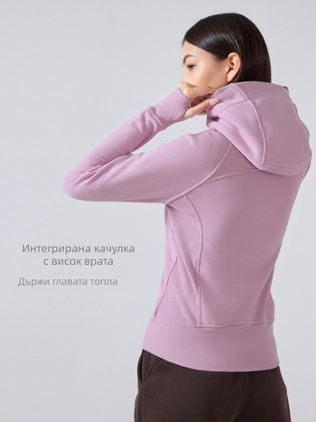 Дамско зимно спортно яке с качулка – дебело памук-смес, стаен яка, дълги ръкави, за йога и тренировки DJ028