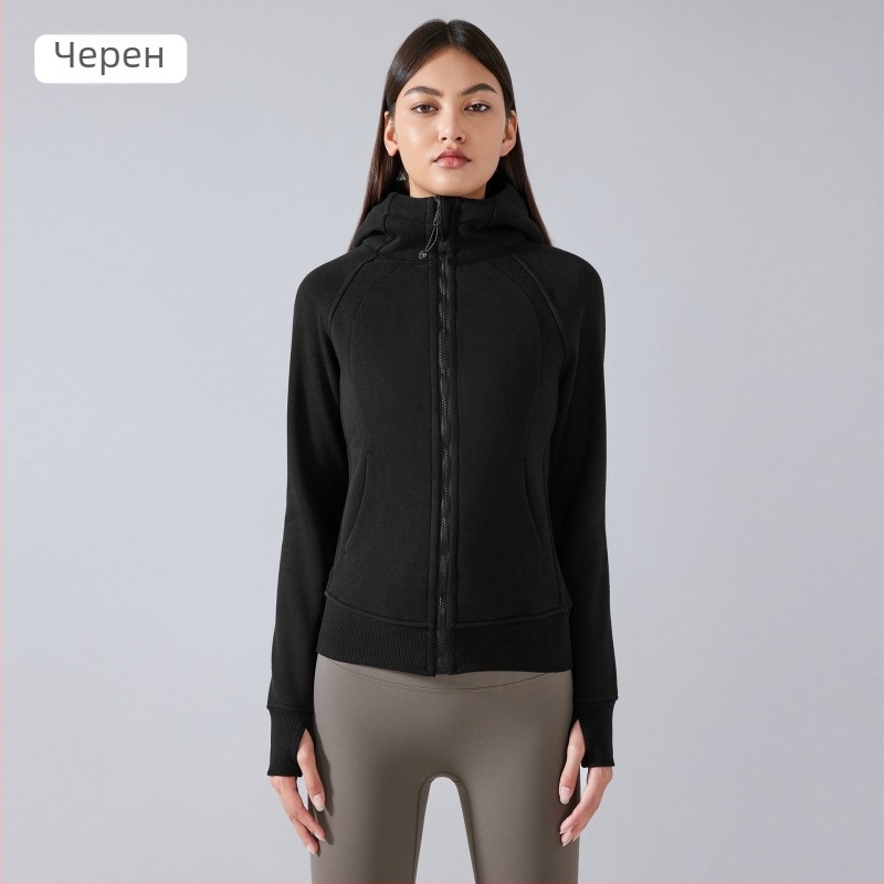 Дамско зимно спортно яке с качулка – дебело памук-смес, стаен яка, дълги ръкави, за йога и тренировки DJ028