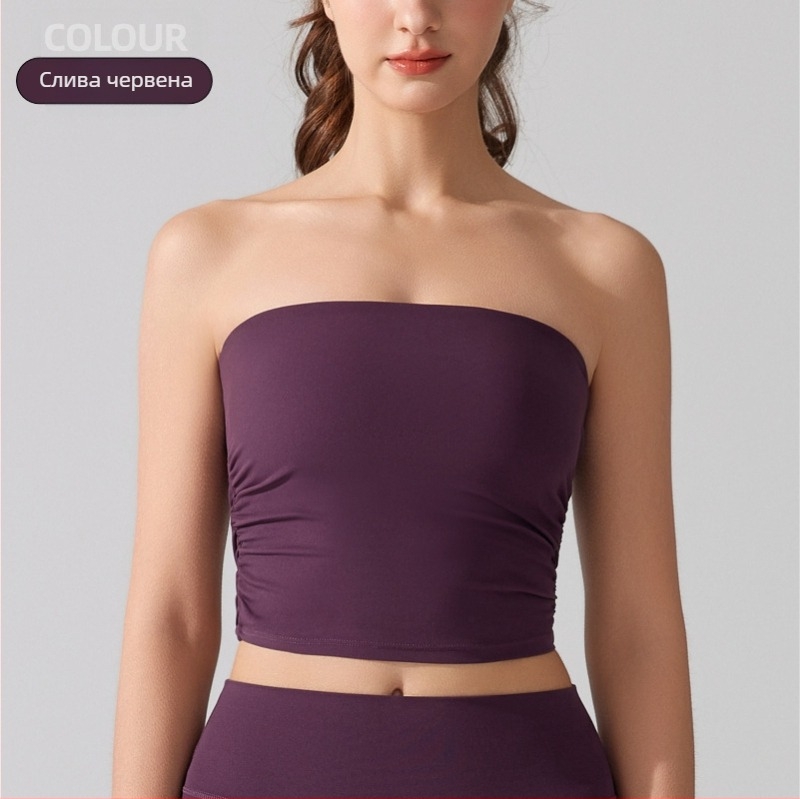 Без презрамки тръбесто горнище с пълни чашки в антибактериална нюд материя за бягане и фитнес, тънки формовани чашки