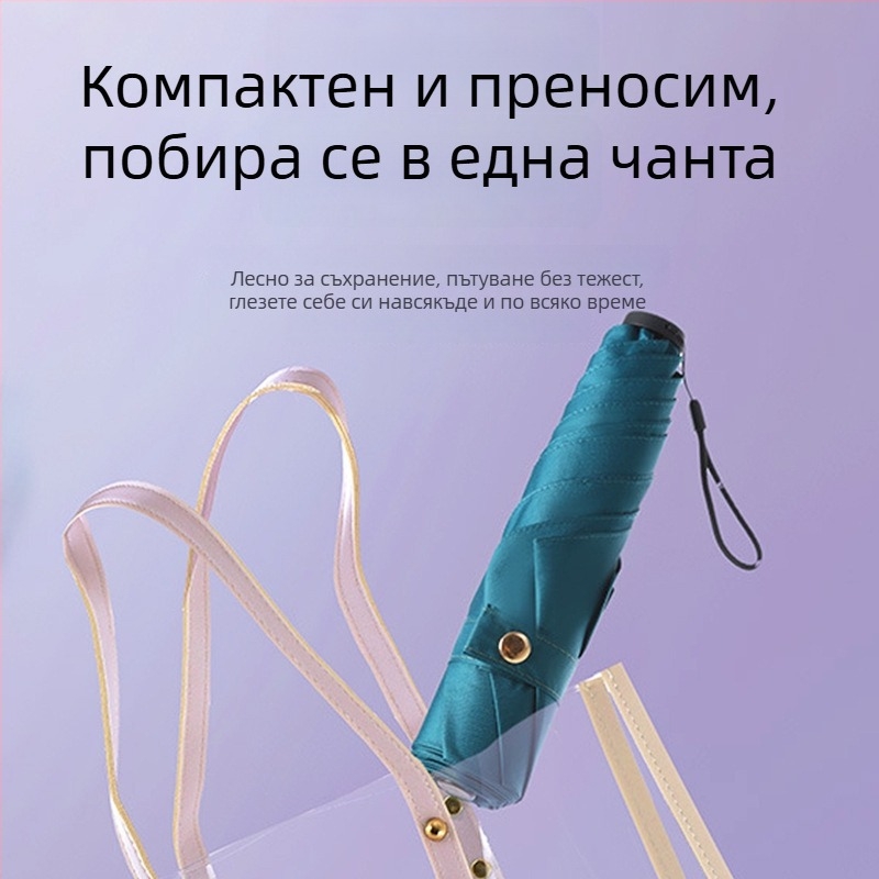 Ултралесен триизгъващ чадър с плат 190T, 6 ребра от фибър, алуминиев прът, пластмасова дръжка, ръчно отваряне/затваряне, възможност за персонализирано лого