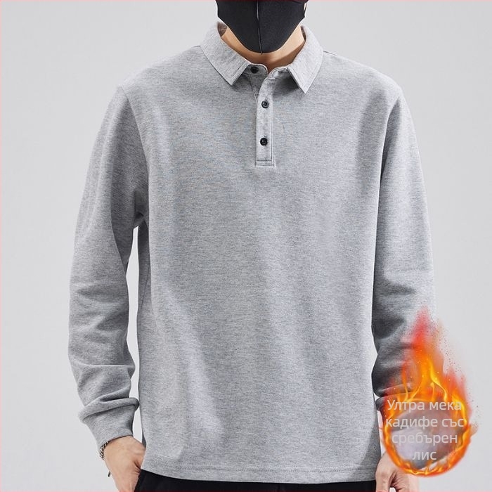 Мъжко поло с дълъг ръкав и флисово топлоизпълнение, свободна кройка, памук-полиестерова смес, за есенно-зимния сезон
