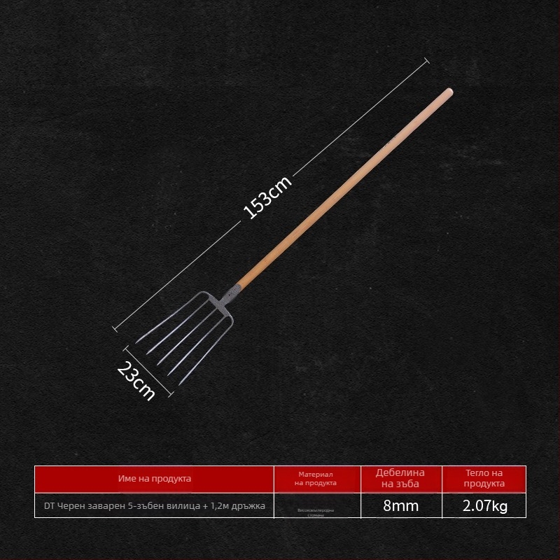 Стоманена градинарска вилка с дървена дръжка — модел DT-black welded steel fork; тегло 0,75 кг; тяло: стомана; дръжка: дървена