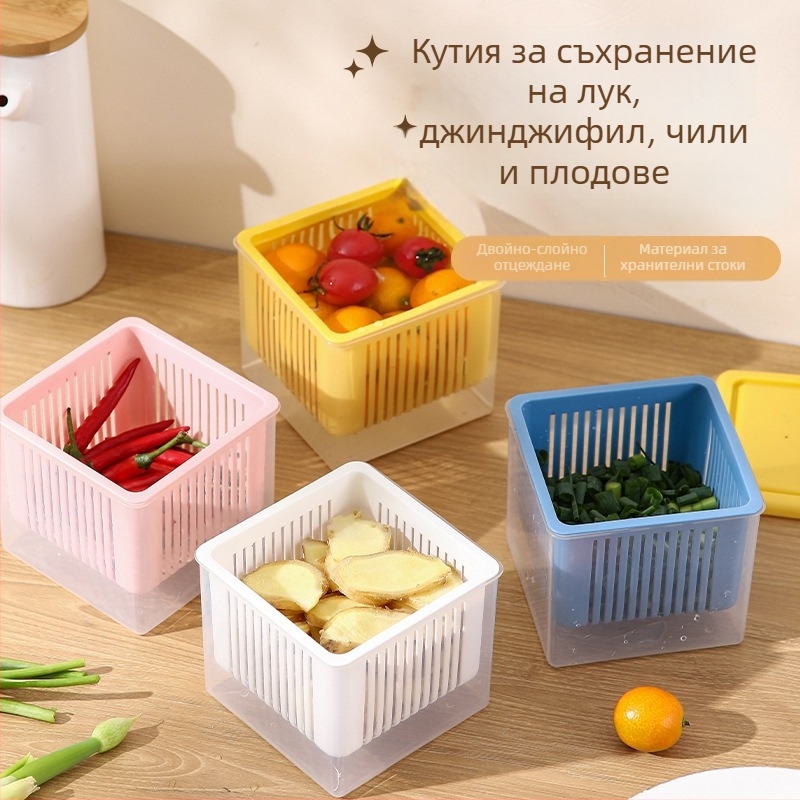 Съхранителна кутия за джинджифил, чесън и зелен лук – анти-омирис, дренажна, прозрачна, PP материал
