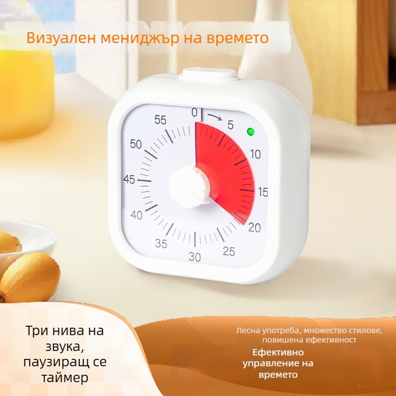 Детски визуален таймер с обратно преброяване и аларма — квадратен ABS корпус, кварцов механизъм, аналогово + цифрово показание, хронограф