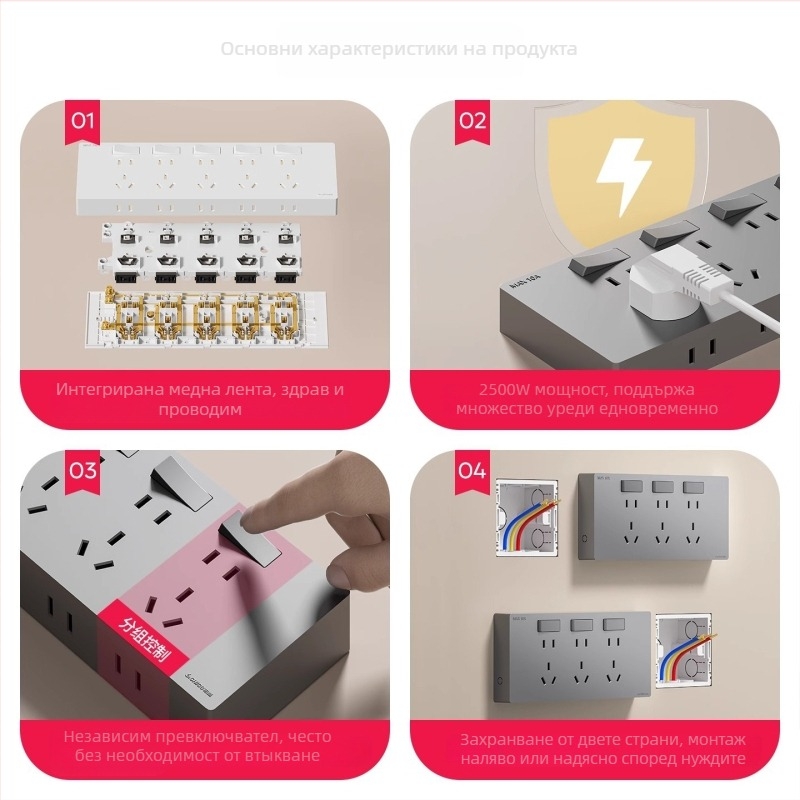 Ултратънък повърхностно монтиран панел за контакти с превключвател, разширителна платка с пет гнезда, 10A, 220V, бронзово проводящо тяло, стенен монтаж