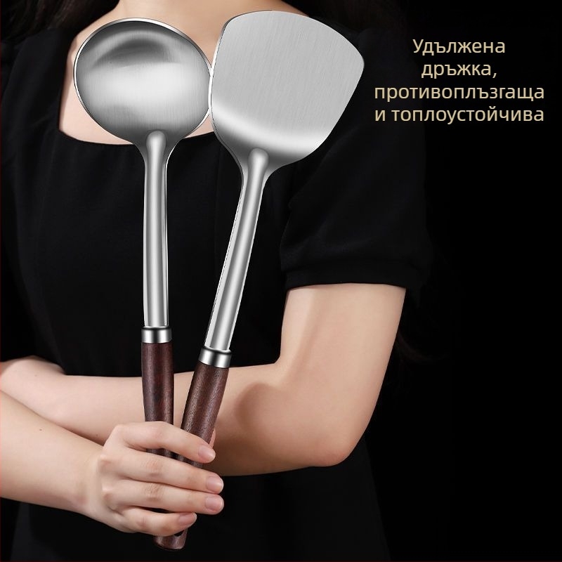 Сет от неръждаема стомана: лъжица и шпатула – антиизгаряне, с лого, кухненски прибори