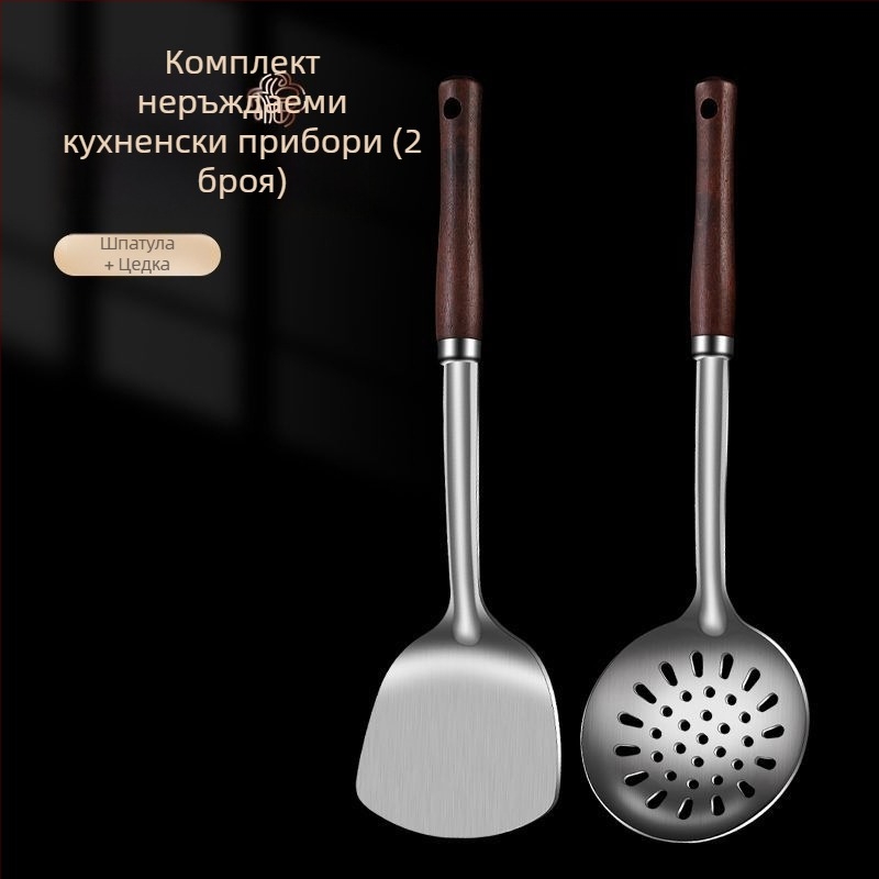 Сет от неръждаема стомана: лъжица и шпатула – антиизгаряне, с лого, кухненски прибори