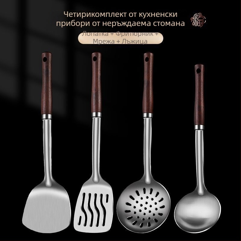Сет от неръждаема стомана: лъжица и шпатула – антиизгаряне, с лого, кухненски прибори