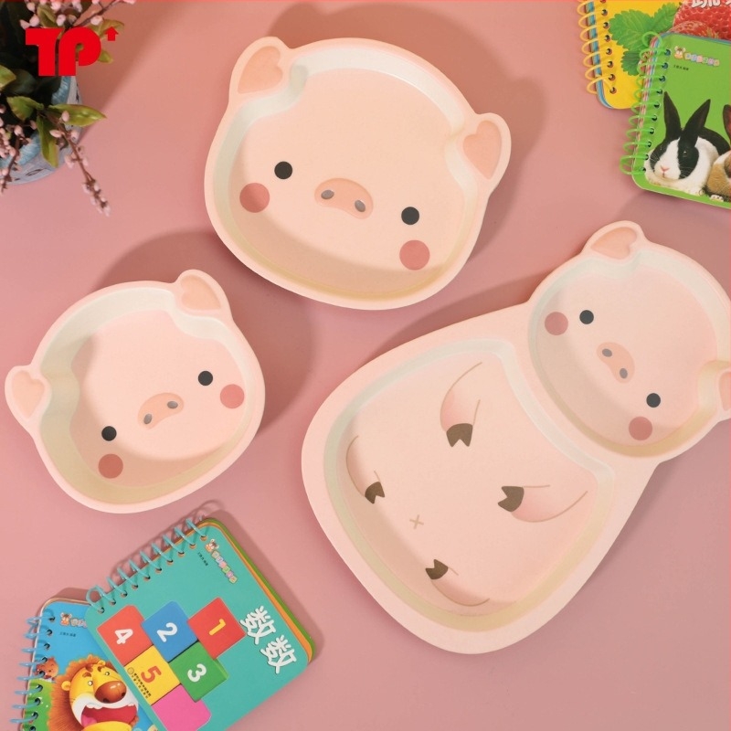 Комплект детски съдове за хранене — чиния с форма на прасенце, мультяшен дизайн, меламин и бамбуково влакно, неправилна форма