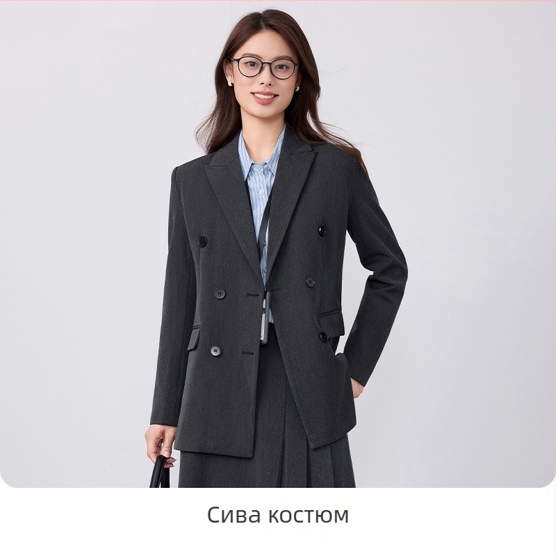 Дамско офисно костюмно сако – Slim Fit, двойно закопчаване, дълги ръкави, полиестер със спандекс, обработка против намачкване