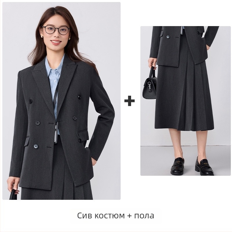Дамско офисно костюмно сако – Slim Fit, двойно закопчаване, дълги ръкави, полиестер със спандекс, обработка против намачкване