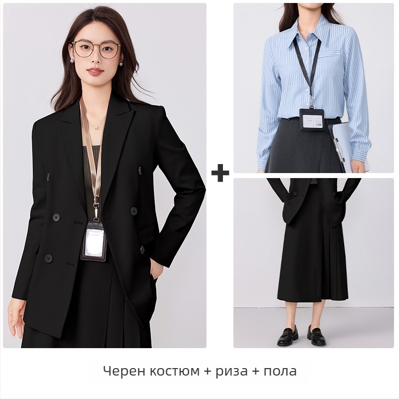 Дамско офисно костюмно сако – Slim Fit, двойно закопчаване, дълги ръкави, полиестер със спандекс, обработка против намачкване