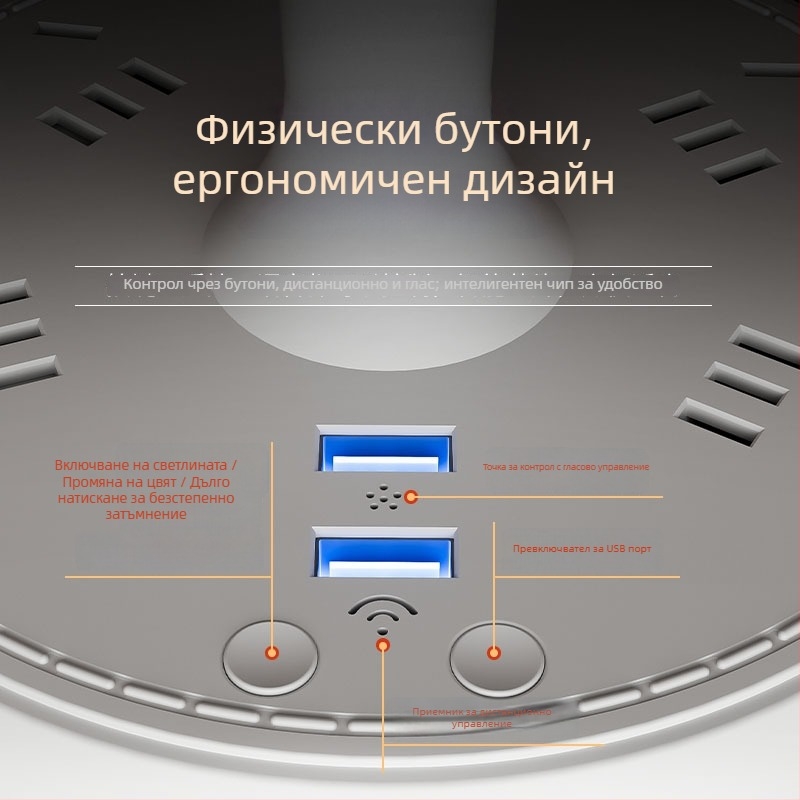 Умна LED настолна лампа с гласово управление и вграден контакт, USB зареждане, 10A/250V, CCC сертифициран, за домове, общежития и търговска употреба