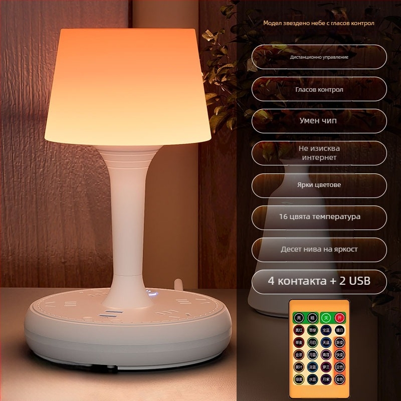Умна LED настолна лампа с гласово управление и вграден контакт, USB зареждане, 10A/250V, CCC сертифициран, за домове, общежития и търговска употреба