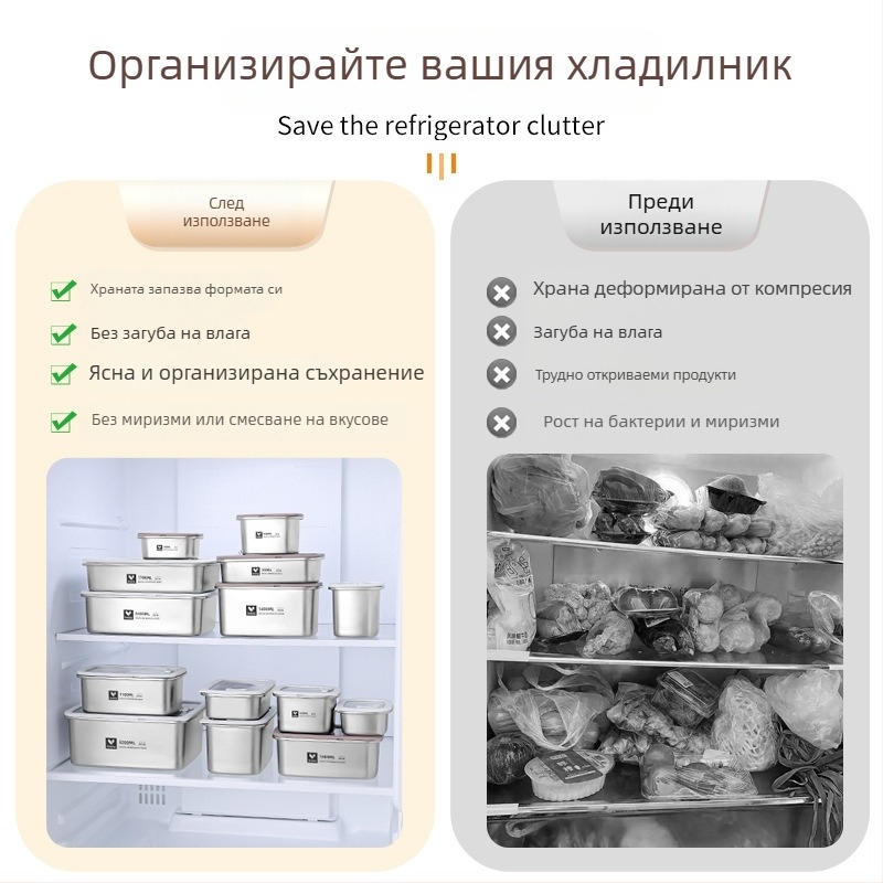 Ланч бокс от 304 неръждаема стомана със капак, квадратна форма, хранително-качествена, микровълнова безопасна, капацитет 800–1000 ml