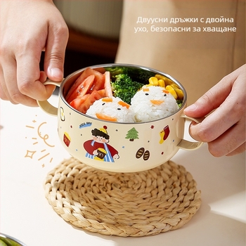 Детска купа за супа от 316 неръждаема стомана с капак, двуслойна, с двойни уши, неподходяща за микровълнова