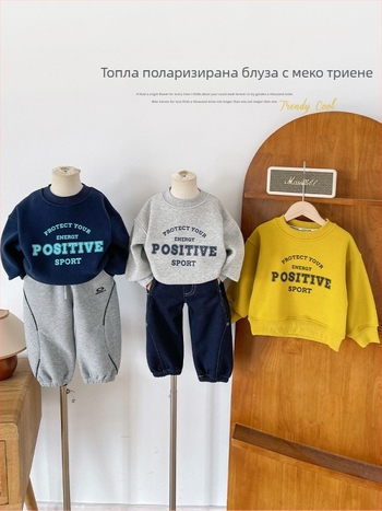 Детски суитшърт в корейски стил с азбучна щампа, плътен памук-полиестер микс (67% памук, 33% полиестер), дълъг ръкав