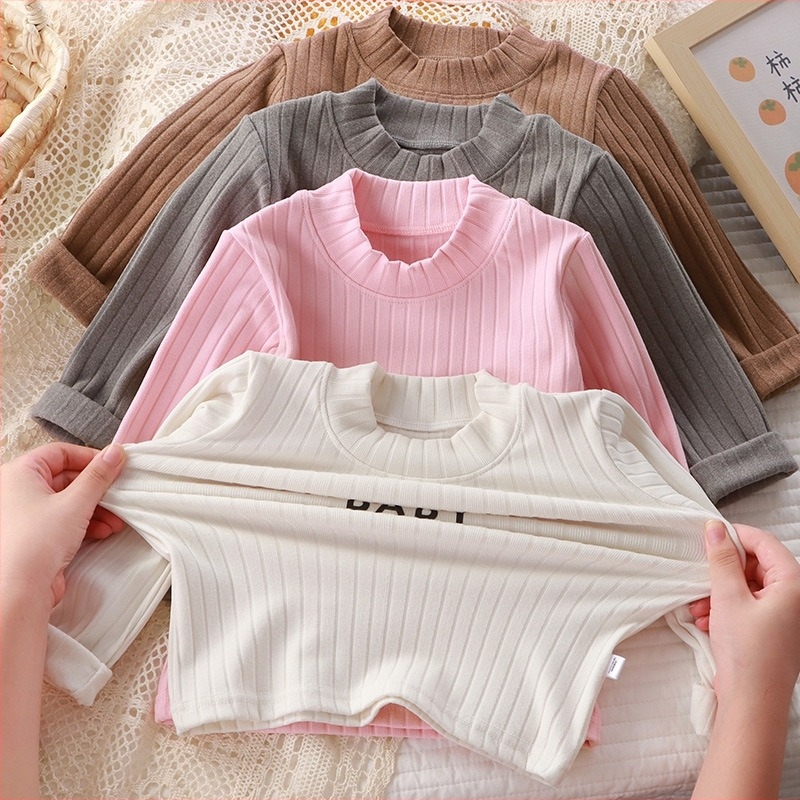 Детска базова топла блуза с дълъг ръкав и висока средна яка, еднотонна, полиестер 95%, без качулка, шлайфана текстура, за деца 3–8 г, неутрален пол, подходяща за зима, пролет и есен