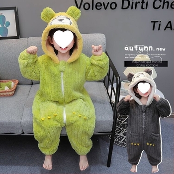 Детски цялокомплект пижама-комбинезон за спане, карикатурен стил, кърдюрова материя с зайчева козина 81–90%, за новородени, зимен сезон