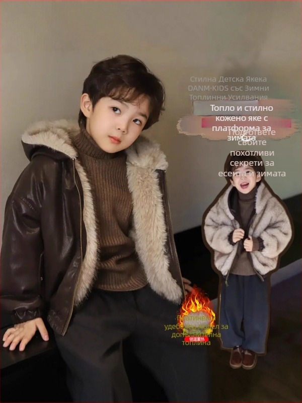 Детско двустранно PU кожено яке с качулка, подплатено с флис и закопчаване с цип