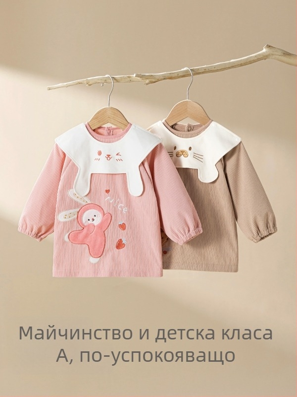 Детски водоустойчив Corduroy смок с лигавник, карикатурен принт, 100% полиестер, възраст 0–1 г, есен 2025