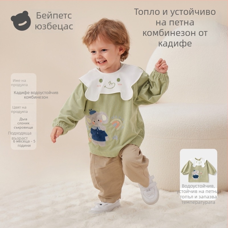 Детски водоустойчив Corduroy смок с лигавник, карикатурен принт, 100% полиестер, възраст 0–1 г, есен 2025