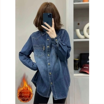 Женска дънкова риза с chenille плат, поло яка, редовни ръкави, спандекс под 30%, пролет 2025.